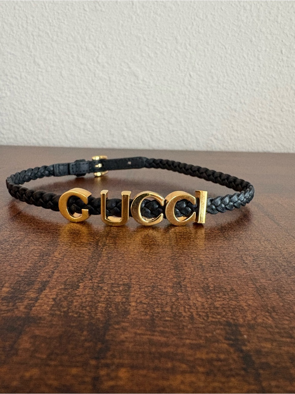 Gucci Black Braided Leather Choker Necklace with Gold Logo Letters